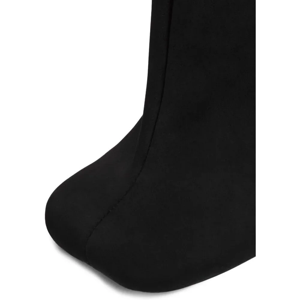 Women's Black Wide Calf Square Toe Stiletto Heels Knee High Suede Boots